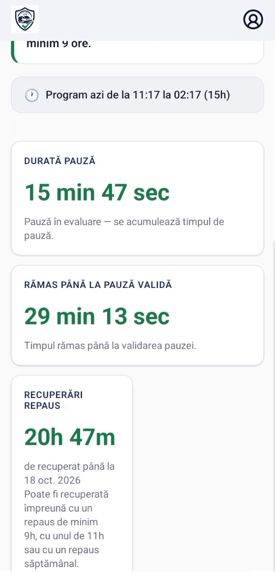 Ecranul aplicației EvitaAmenda, cu cardul „Recuperări repaus” în partea de jos, sub contoarele pauzei în curs.