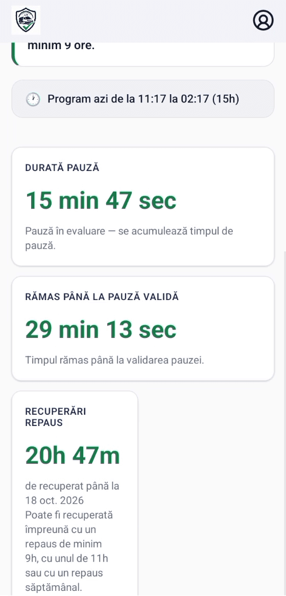 Ecranul aplicației EvitaAmenda, cu cardul „Recuperări repaus” în partea de jos, sub contoarele pauzei în curs.