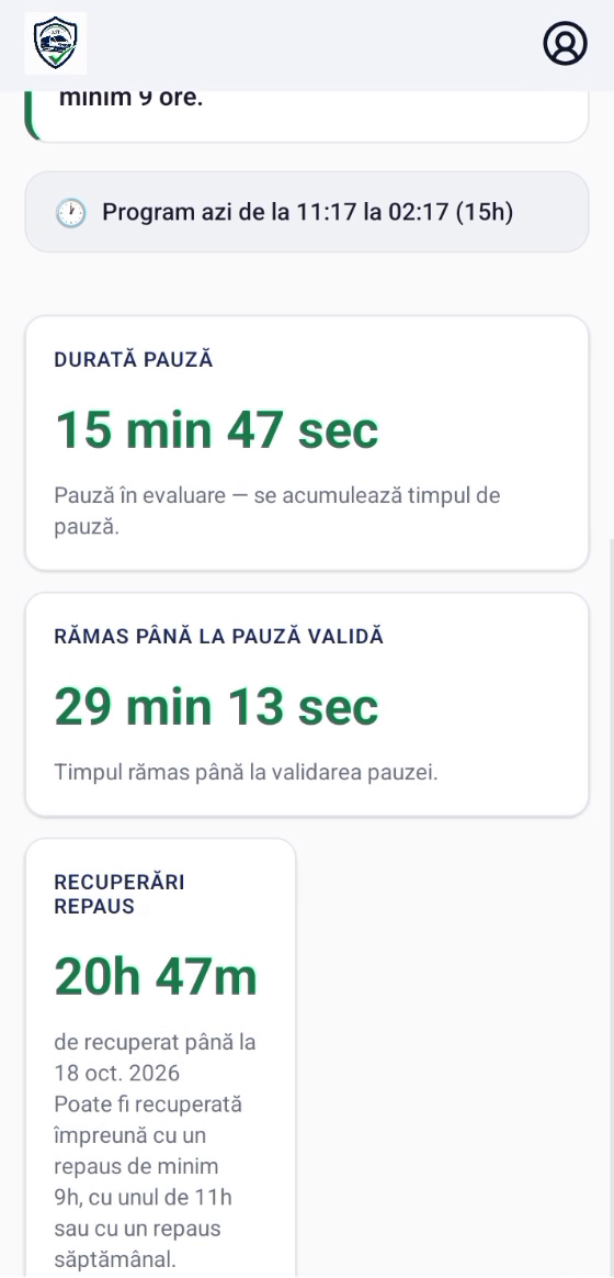 Ecranul aplicației EvitaAmenda, cu cardul „Recuperări repaus” în partea de jos, sub contoarele pauzei în curs.